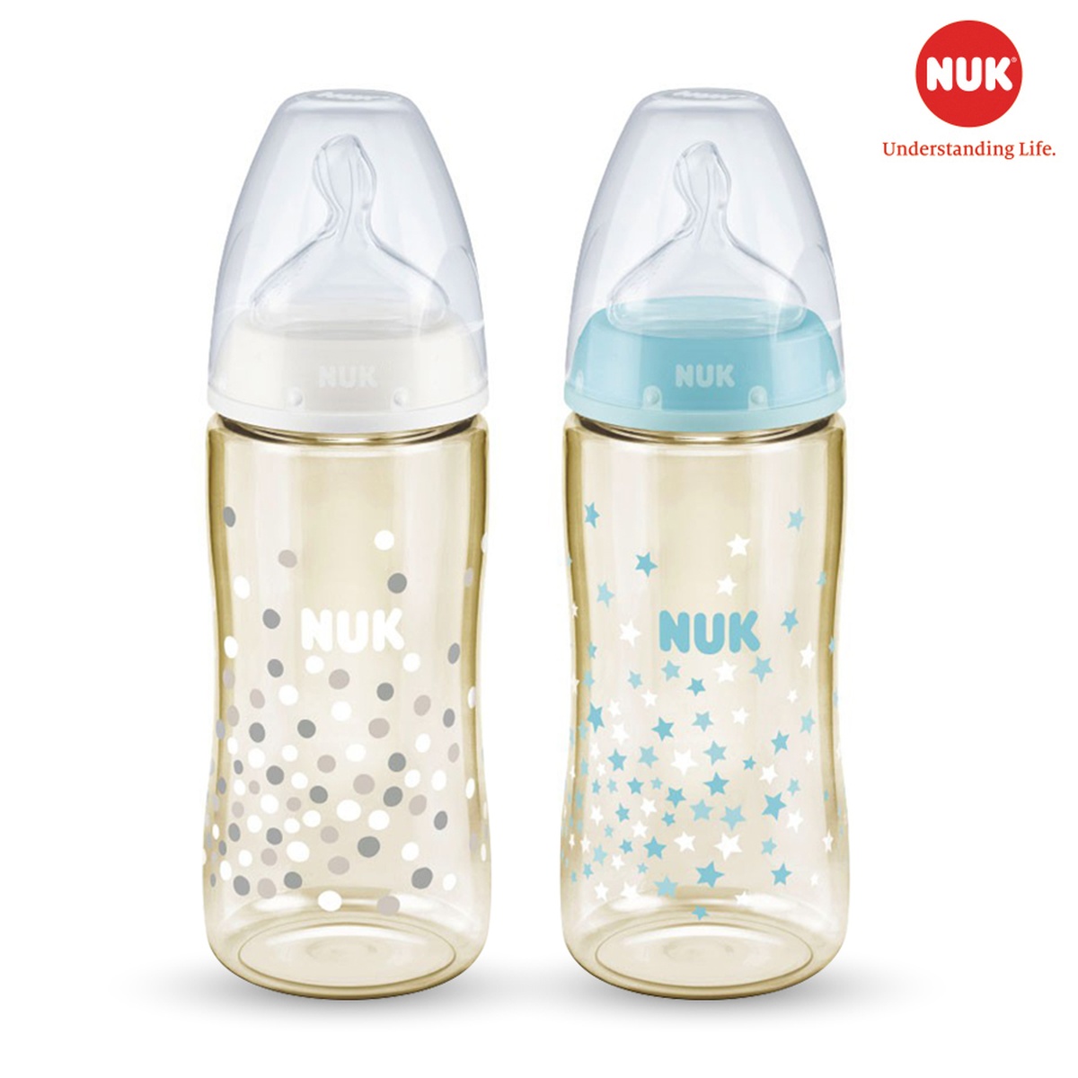 Bình sữa cổ rộng Nuk PPSU 300ml núm ty S2-M NU35760 - mặt trái