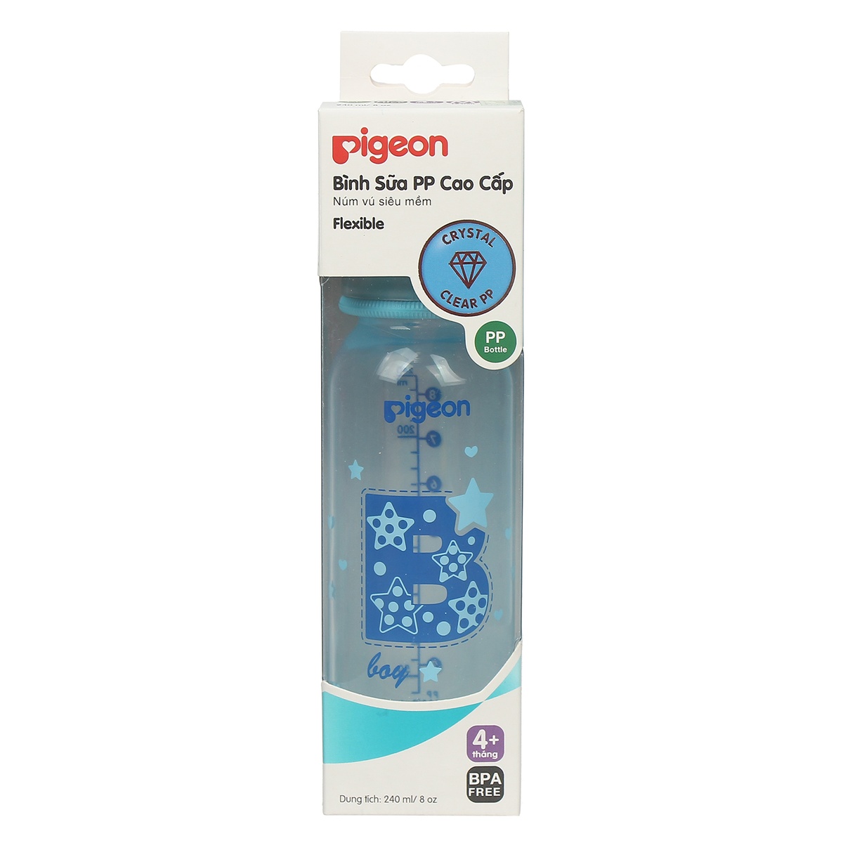 Bình sữa Pigeon 240ml màu xanh dành cho bé trai (> 4 tháng) - mặt trái