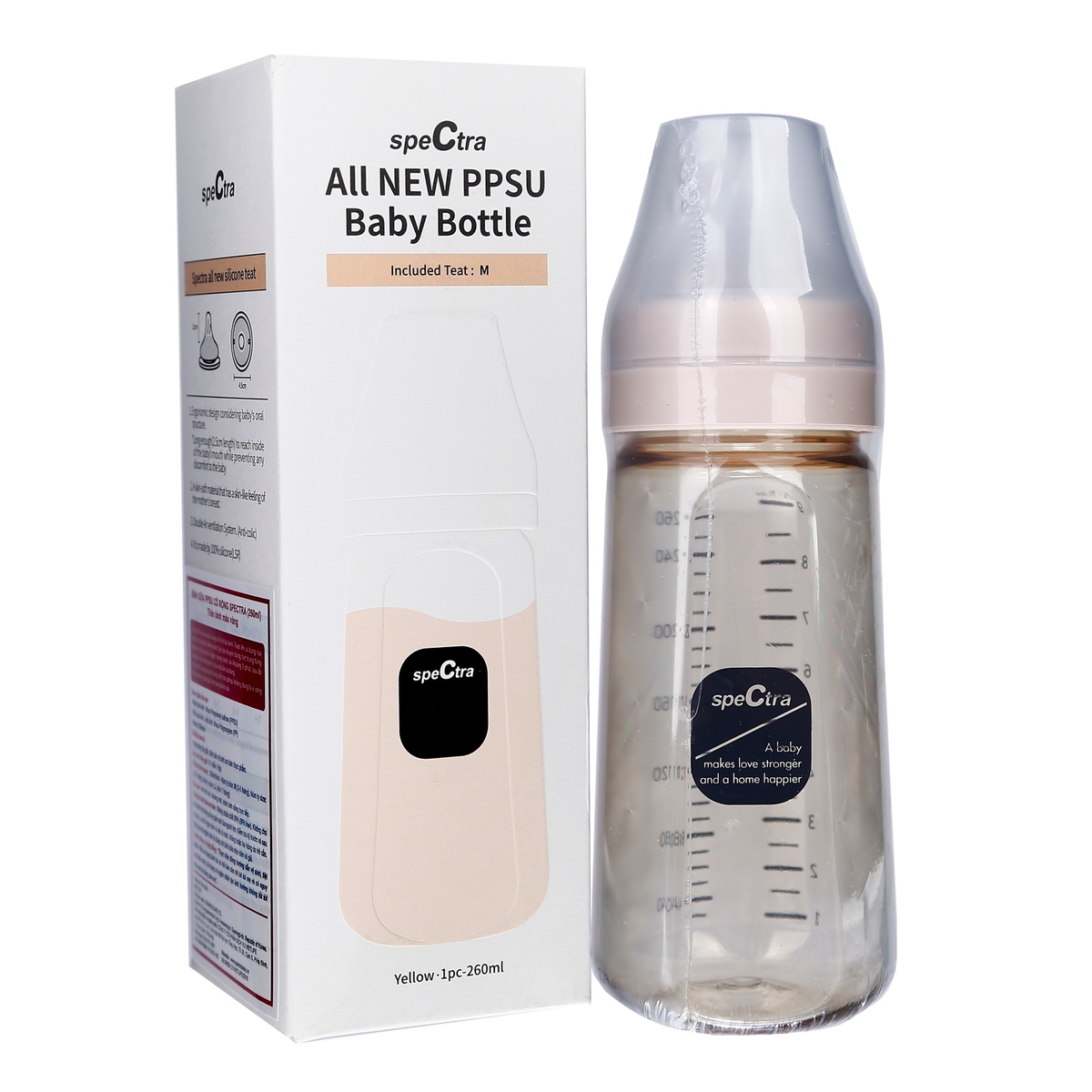 Bình sữa Spectra cổ rộng PPSU 260ml (màu vàng) cho bé trên 3 tháng - mặt trái