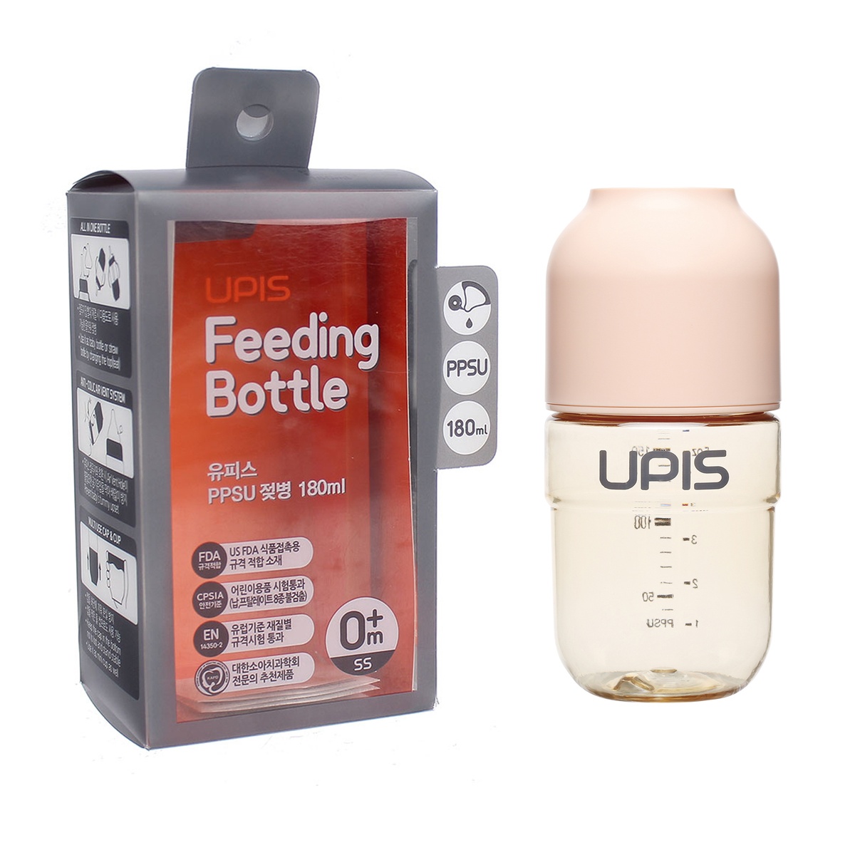 Bình sữa Upis Premium PPSU 180ml (Hồng) - mặt phải