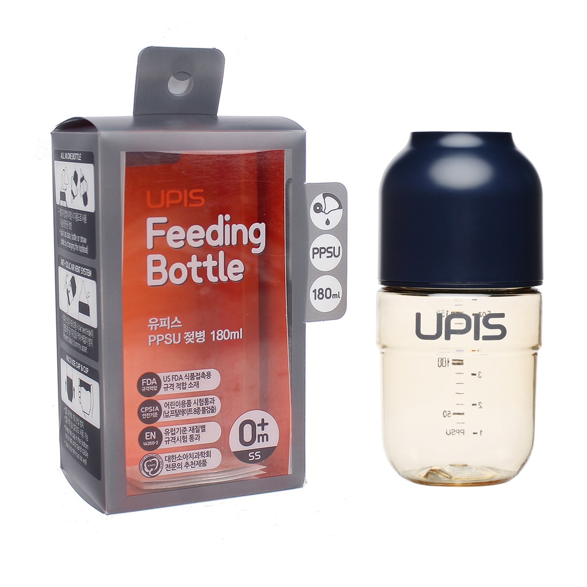 Bình sữa Upis Premium PPSU 180ml (Navy) - mặt trái