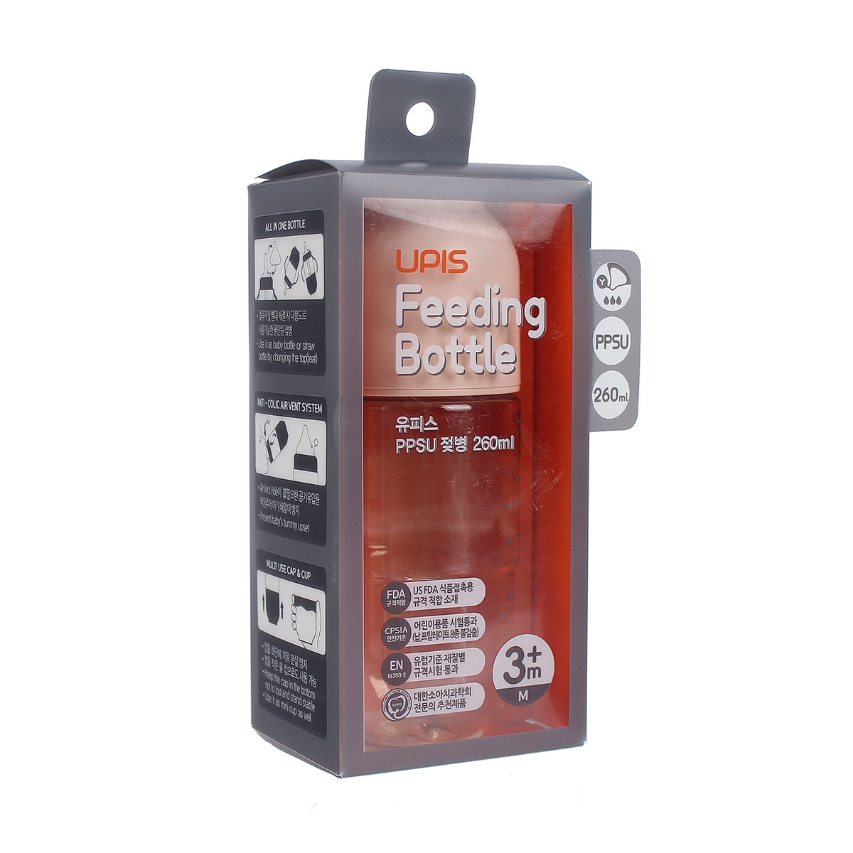 Bình sữa Upis Premium PPSU 260ml (Hồng) - góc nghiêng