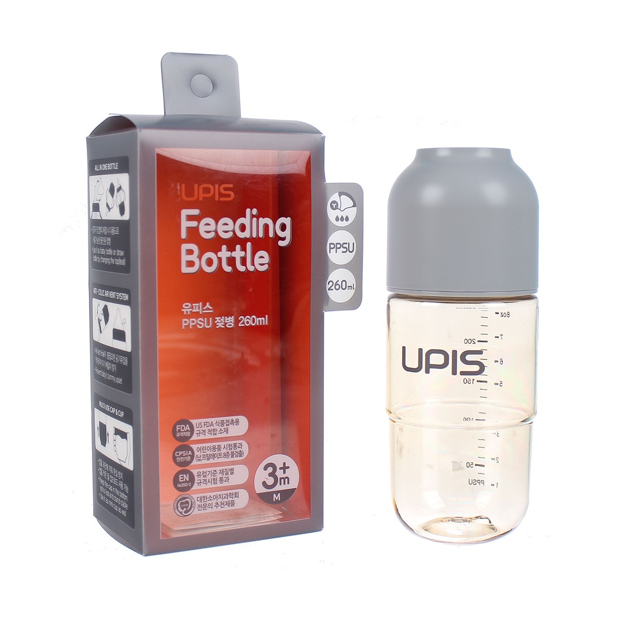 Bình sữa Upis Premium PPSU 260ml (Xám) - mặt phải