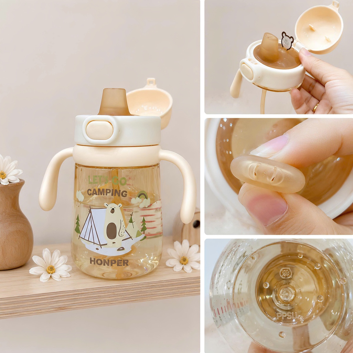 Bình tập hút Honper Teddy HP150 330ml 5M+ (Màu ngẫu nhiên) - mặt trái