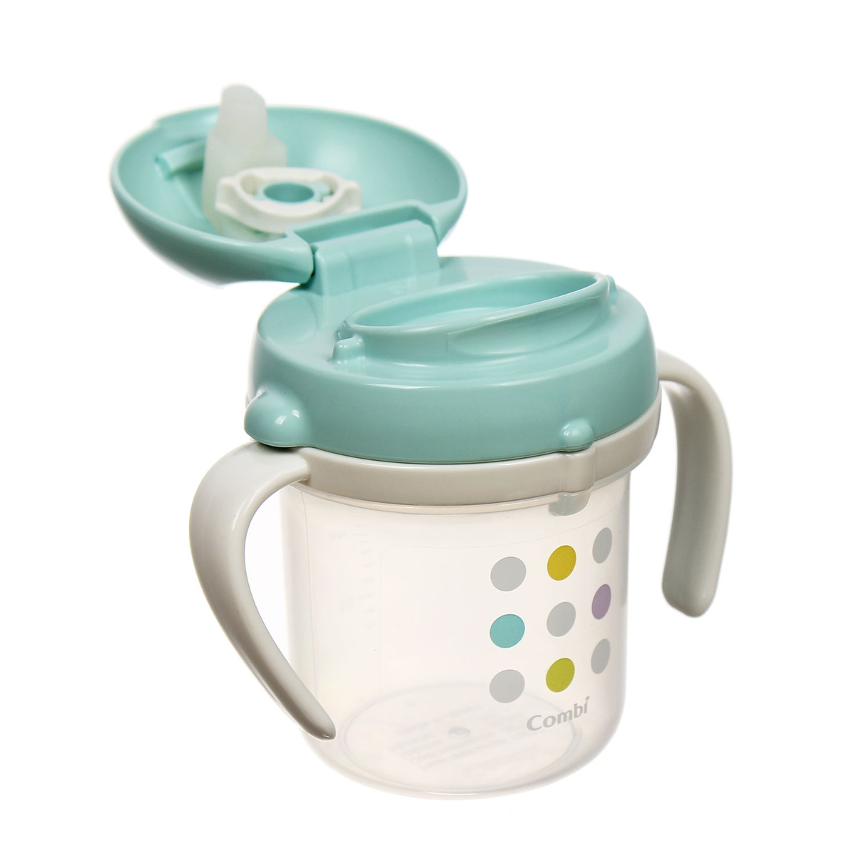 Bình tập uống nước chấm bi bước 3 xanh ngọc Combi Mug 13644 - mặt trái