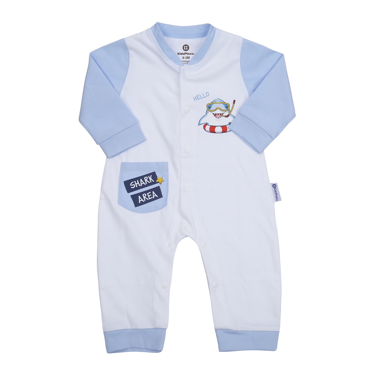 Bộ body dài tay bé trai cài giữa KidsPlaza Shark túi M23T (Trắng xanh)
