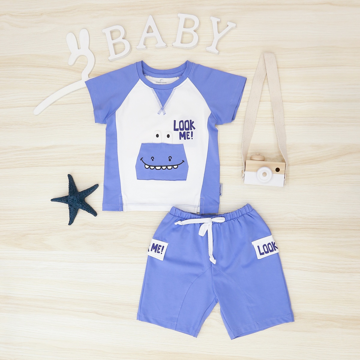 Bộ cộc bé trai in chữ Look me KidsPlaza TT22H (Xanh) - mặt trái