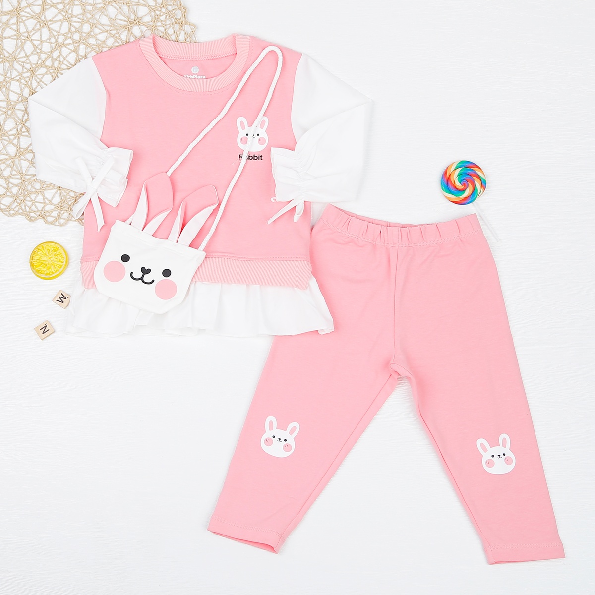 Bộ quần áo bé gái dài tay KidsPlaza tay bèo kèm túi thỏ HN22D (Hồng)