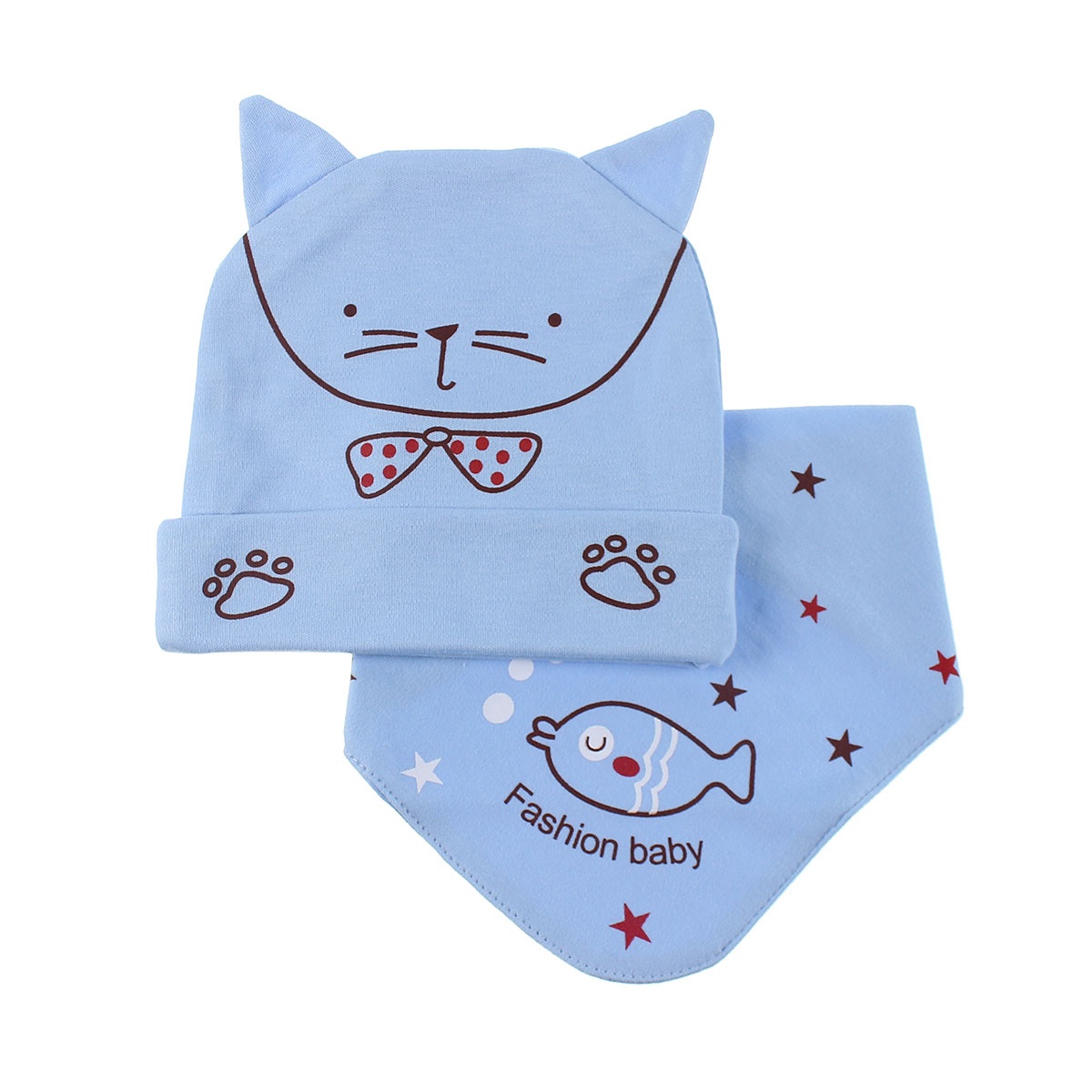 Bộ khăn mũ cho bé in mèo đeo nơ QQ19 - mặt trái