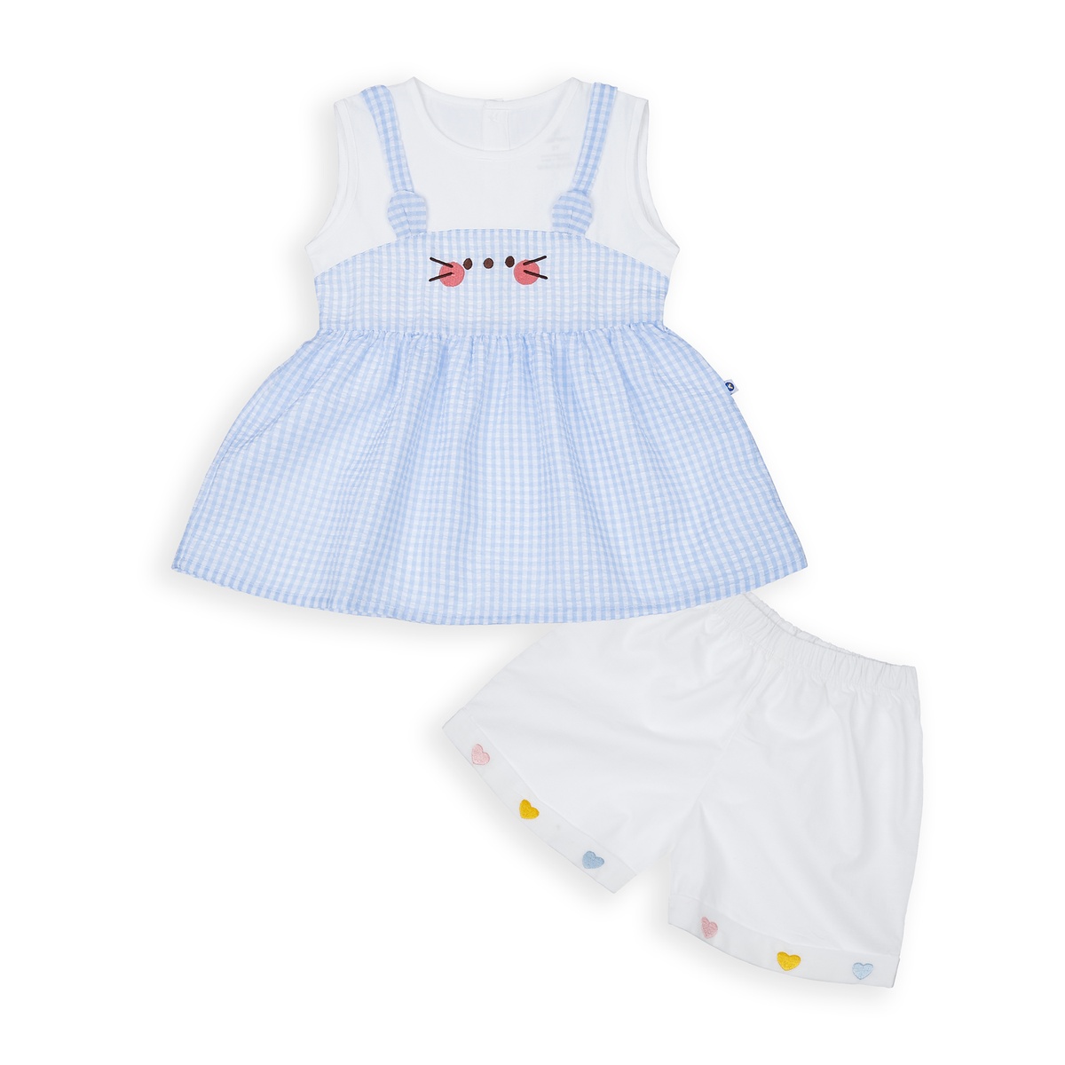 Bộ quần áo cộc tay bé gái KidsPlaza kẻ caro tai gấu HN23H (Xanh)