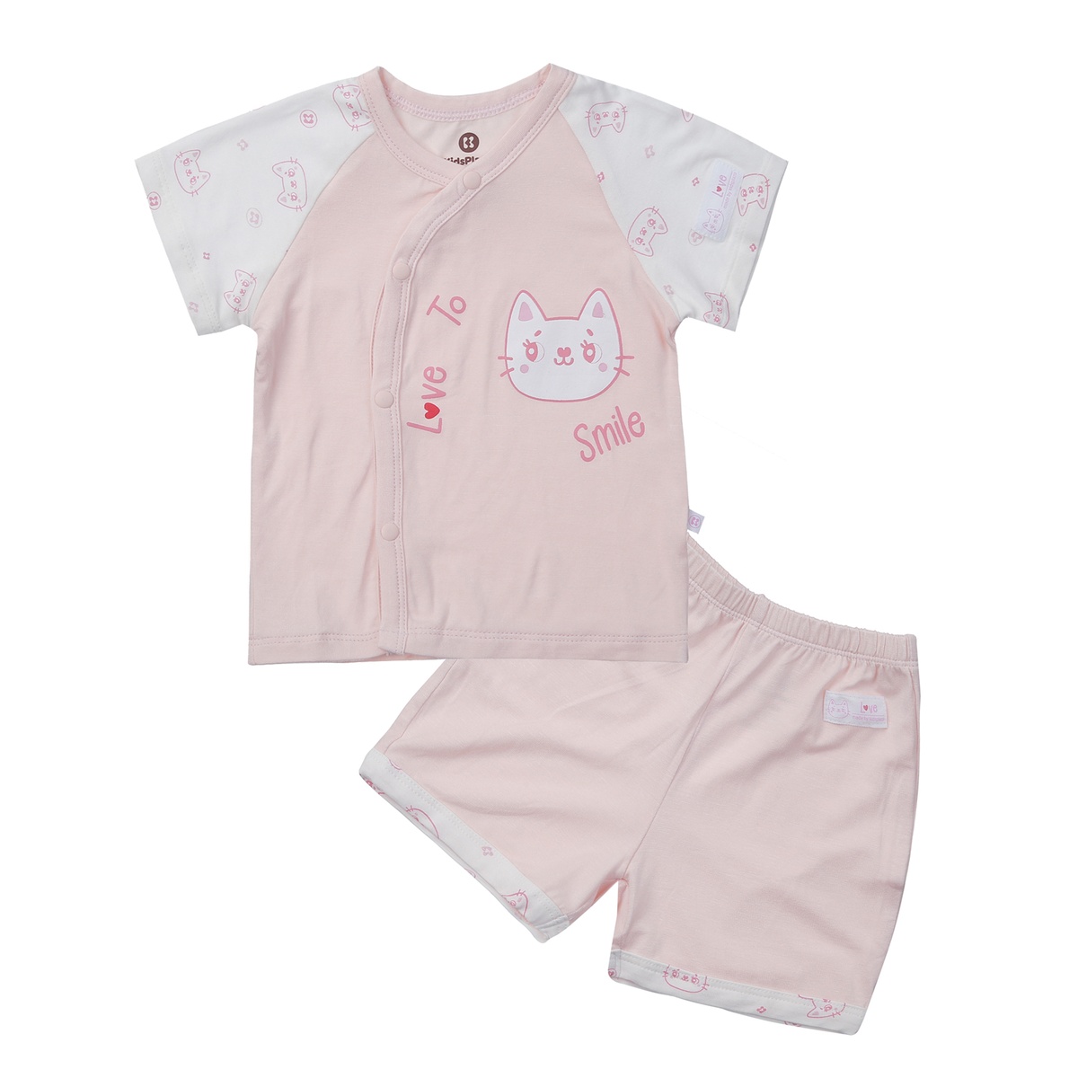 Bộ quần áo cộc tay cài lệch KidsPlaza in mèo M24H (Hồng)