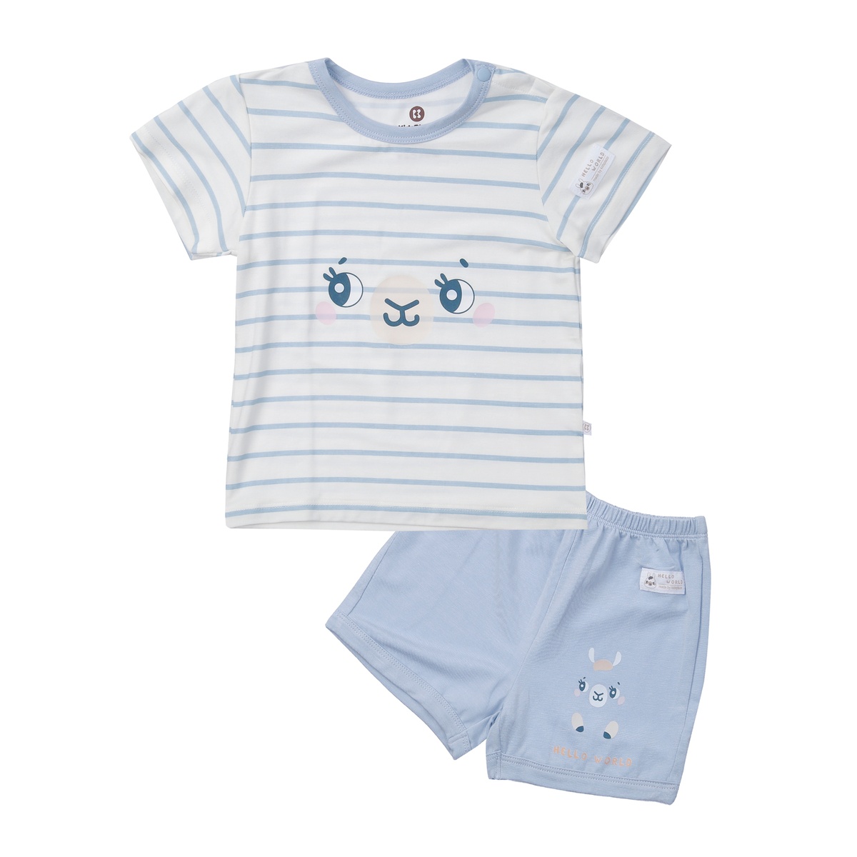 Bộ quần áo cộc tay cài vai KidsPlaza in lừa M24H (Trắng kẻ xanh)