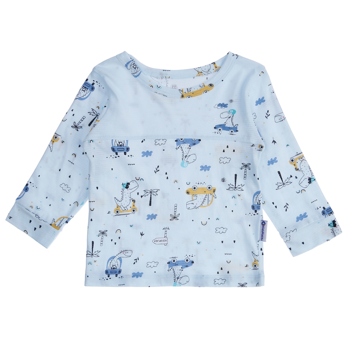 Bộ quần áo dài tay bé trai kẻ phối khủng long KidsPlaza  M21T (Xanh) - mặt trái