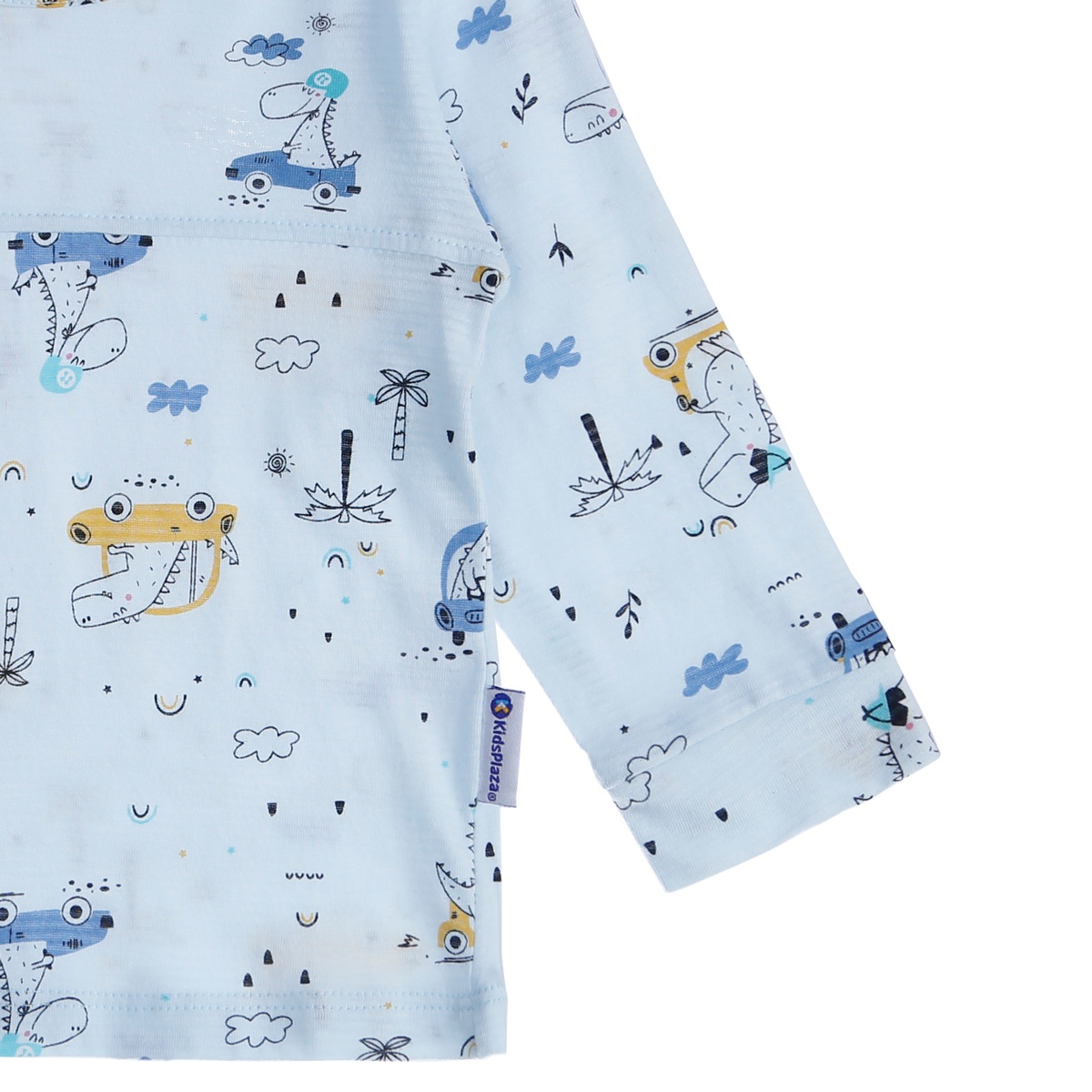 Bộ quần áo dài tay bé trai kẻ phối khủng long KidsPlaza  M21T (Xanh) - mặt sau