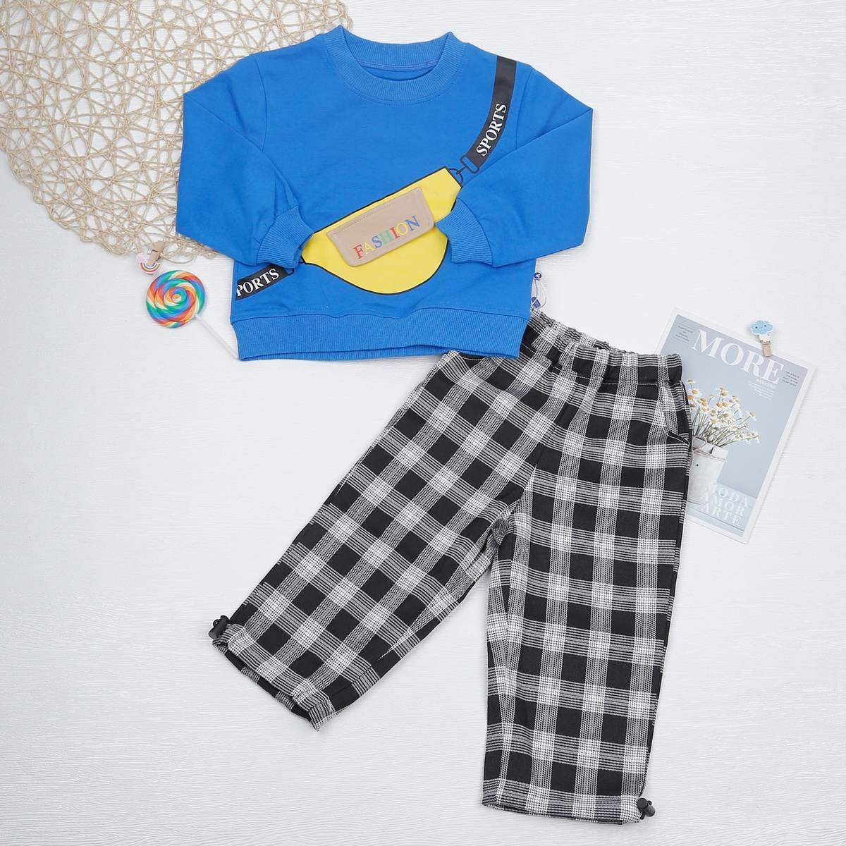 Bộ quần áo dài tay bé trai phối in túi chéo xanh KidsPlaza HN22D