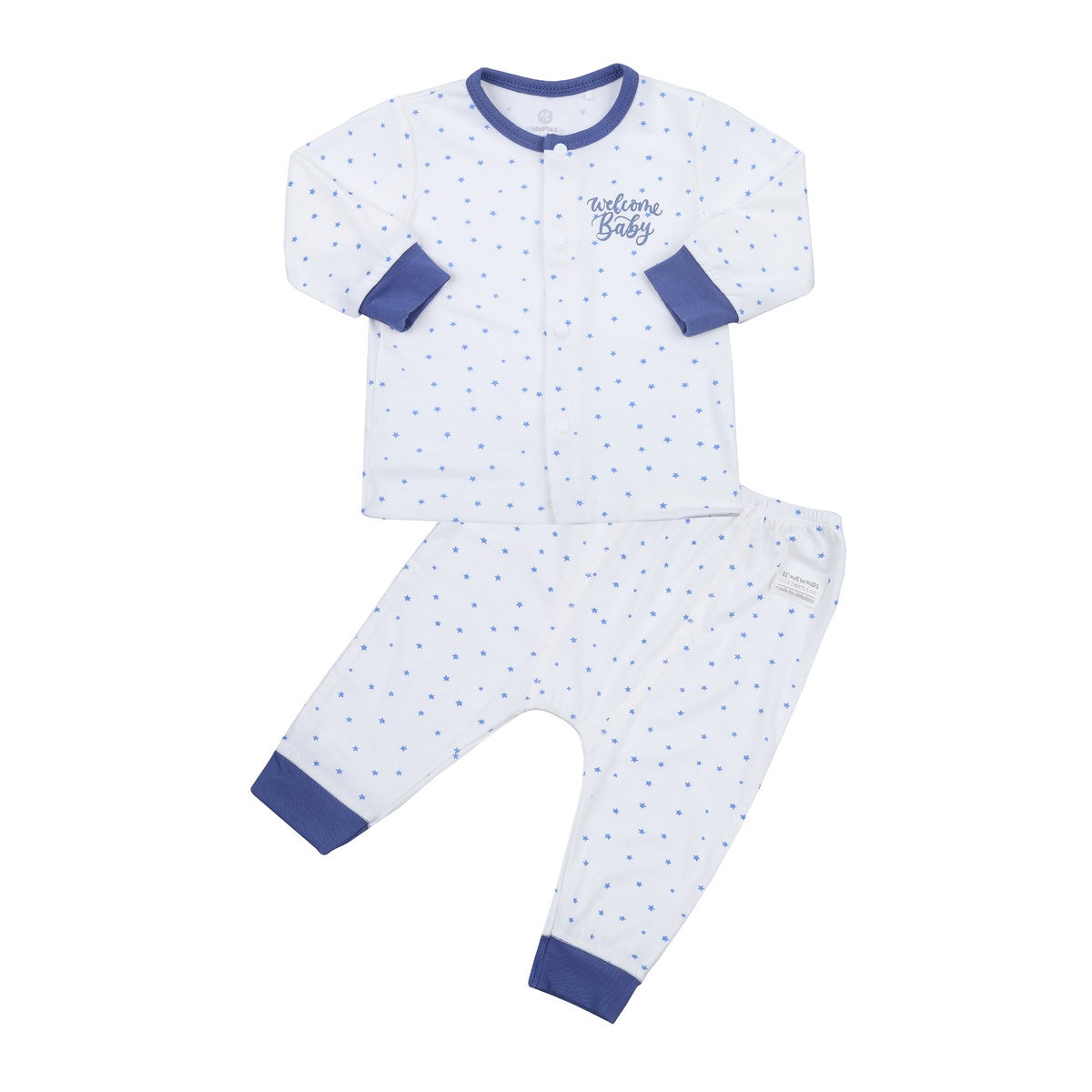 Bộ quần áo dài tay cài giữa KidsPlaza Otis in sao ND23T (Trắng xanh)