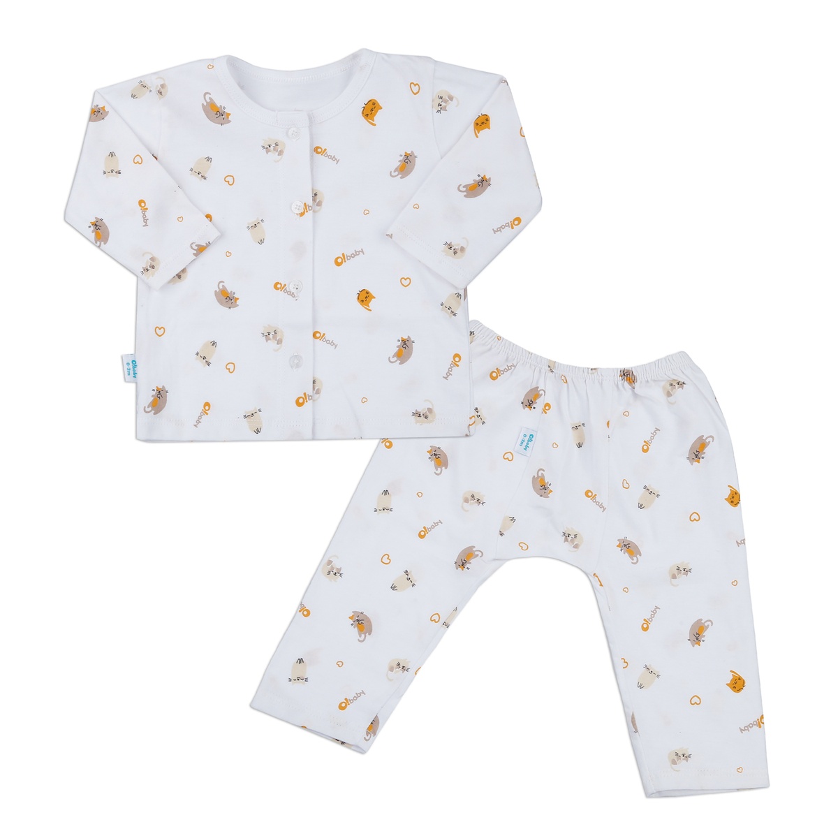 Bộ quần áo dài tay cài giữa O!Baby in mèo DN23 (Trắng)
