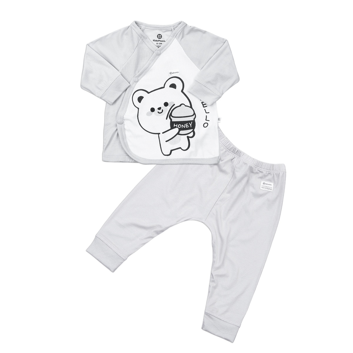 Bộ quần áo dài tay cài lệch KidsPlaza gấu Honney M23T (Trắng ghi)