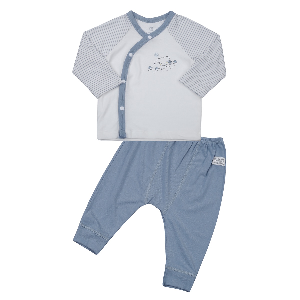 Bộ quần áo dài tay cài lệch KidsPlaza Otis gấu ND24H (Trắng kẻ xanh)