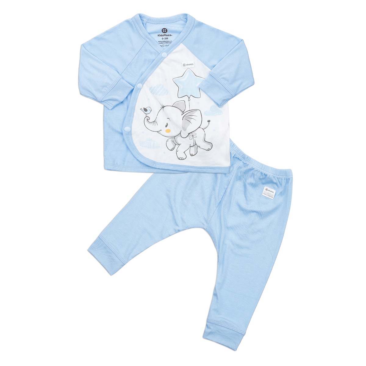 Bộ quần áo dài tay cài lệch KidsPlaza voi sao M23T (Trắng xanh)