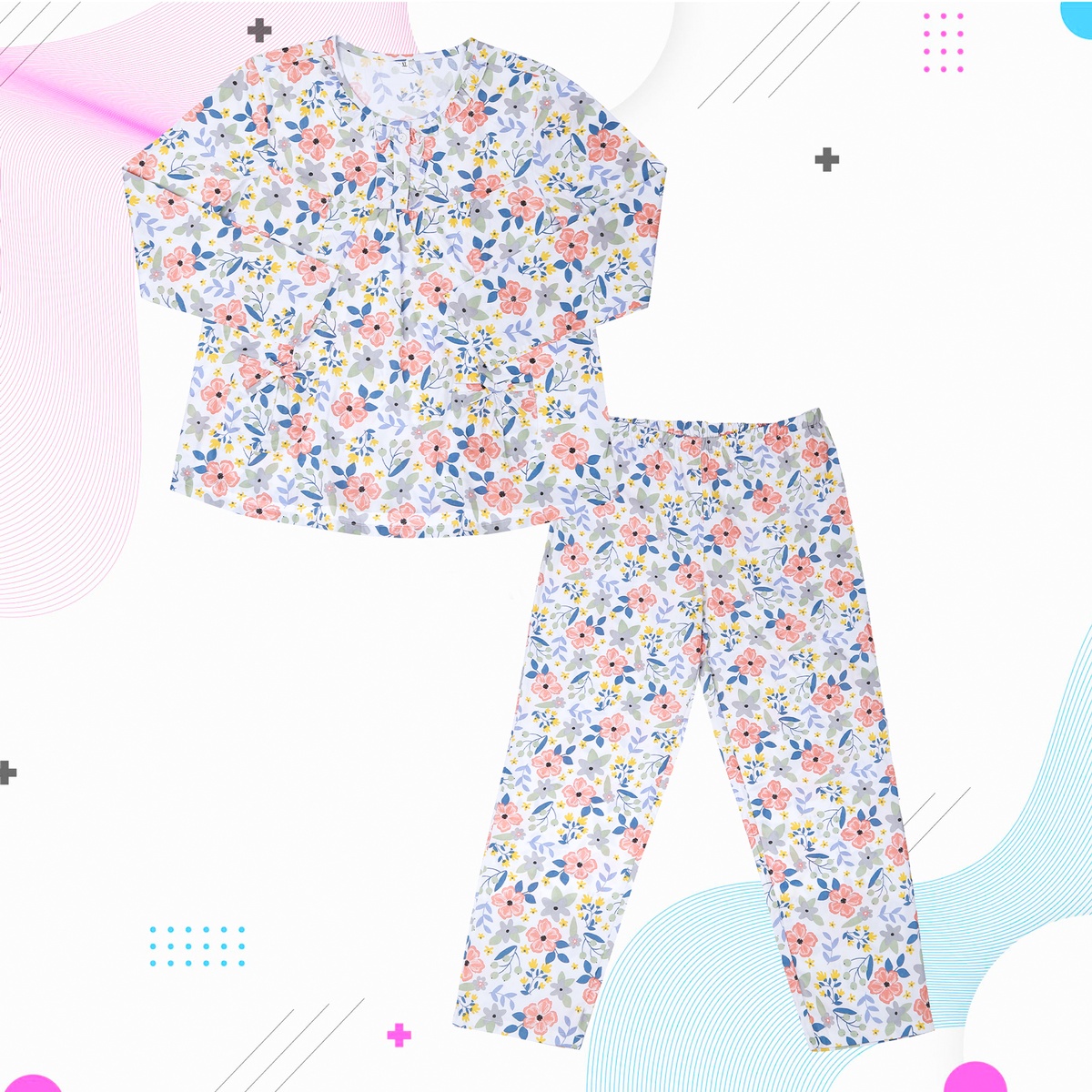 Bộ quần áo sau sinh in hoạ tiết M18 - góc nghiêng