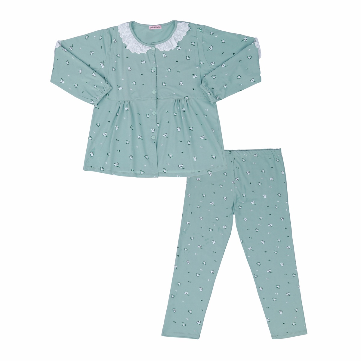 Bộ quần áo sau sinh cho mẹ in họa tiết Trái Tim cổ ren xanh M23 - mặt sau