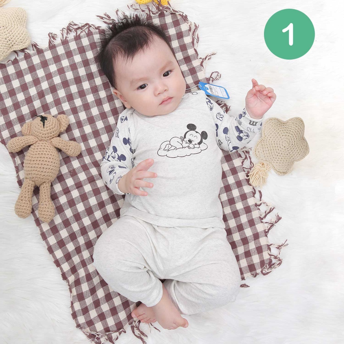 Quần áo sơ sinh cài vai in chuột Mickey Mamago (Ghi) 6-24M - mặt sau
