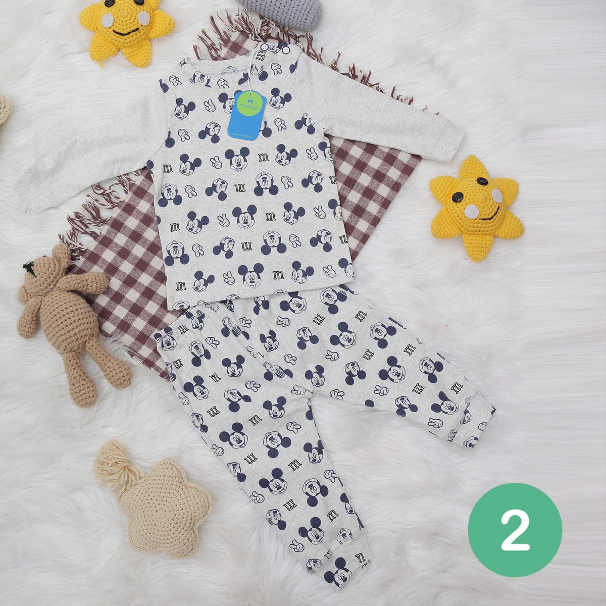 Quần áo sơ sinh cài vai in chuột Mickey Mamago (Ghi) 6-24M - mặt phải