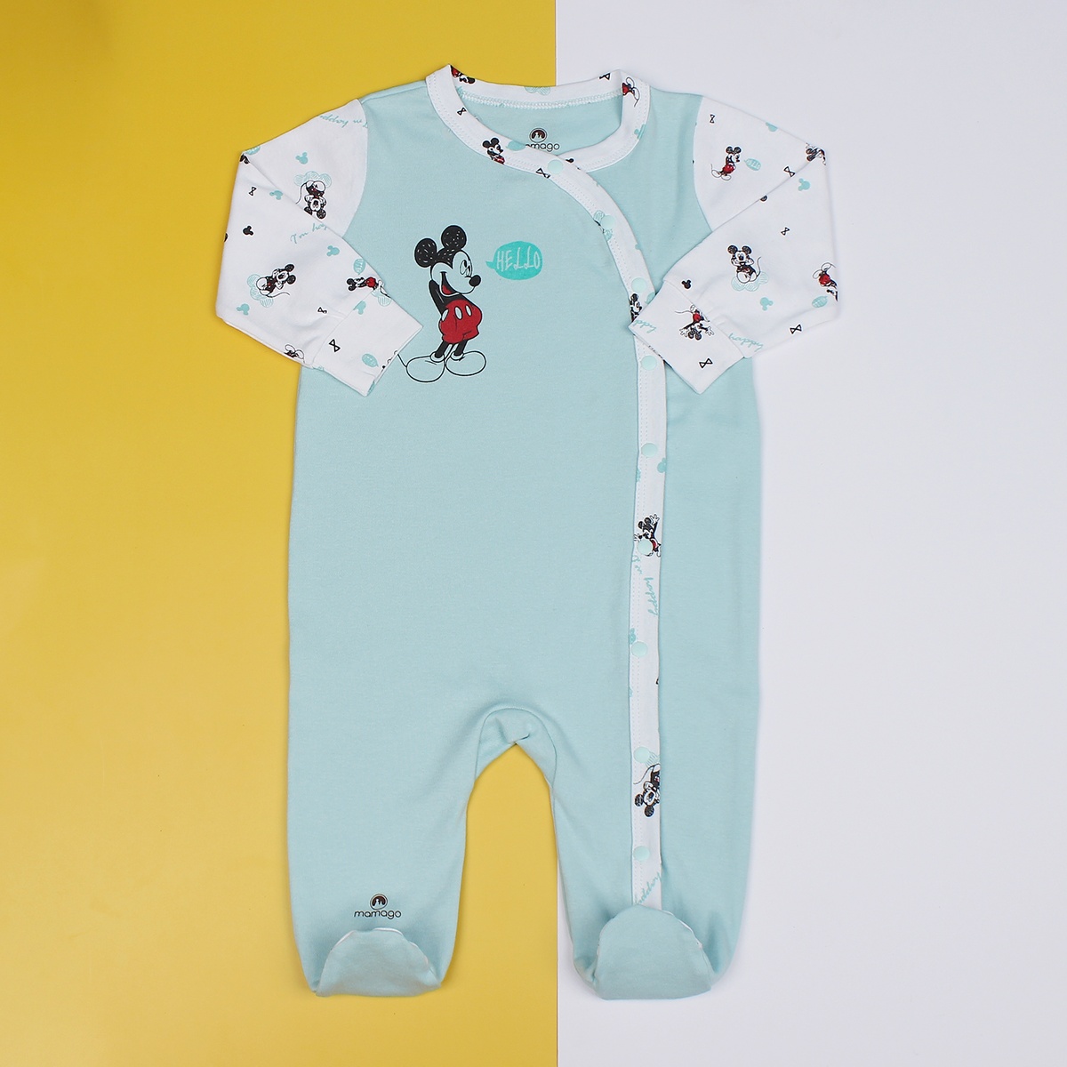 Bộ body sơ sinh dài tay Mamago NĐ19 in hình chuột Mickey (Xanh) - mặt sau