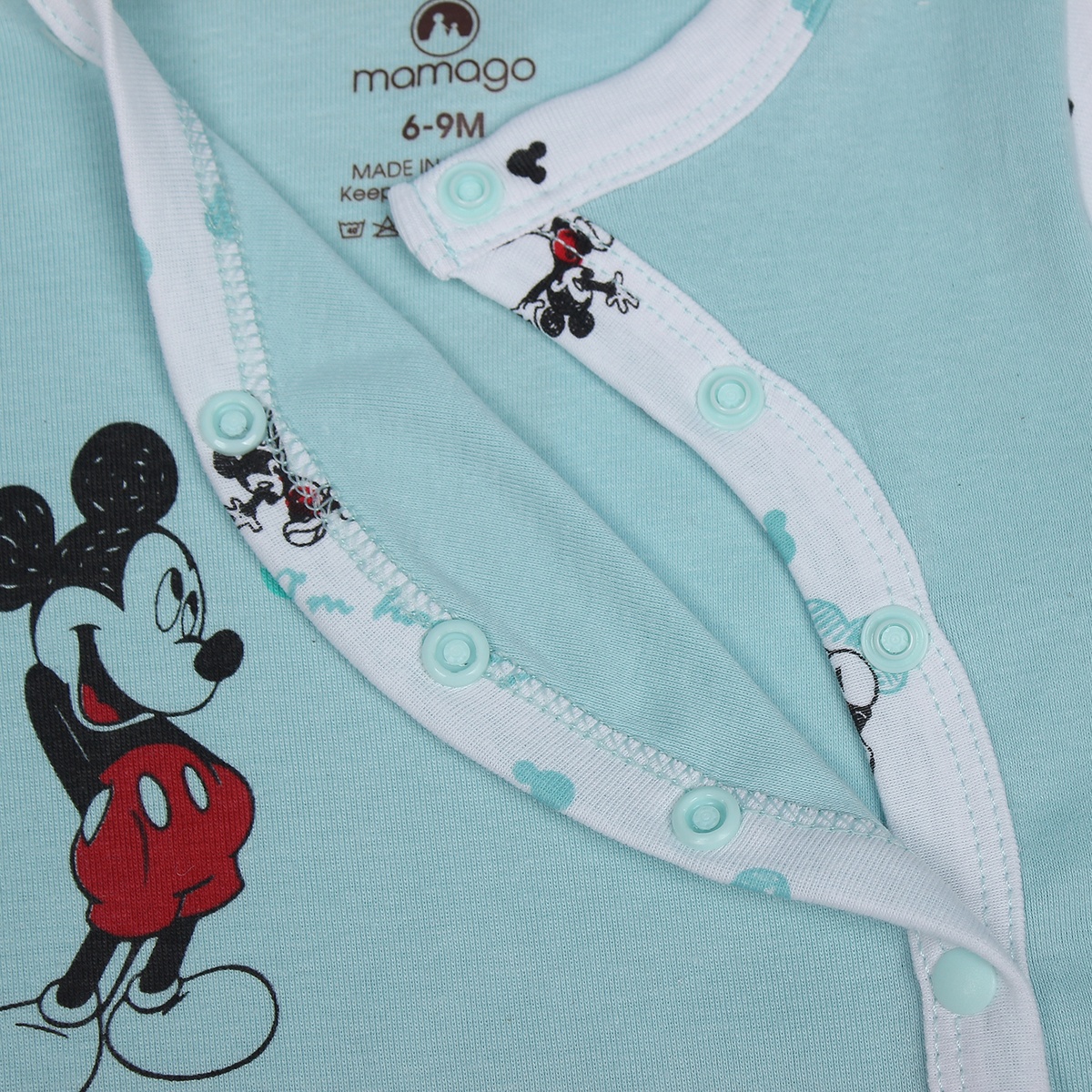 Bộ body sơ sinh dài tay Mamago NĐ19 in hình chuột Mickey (Xanh) - góc nghiêng