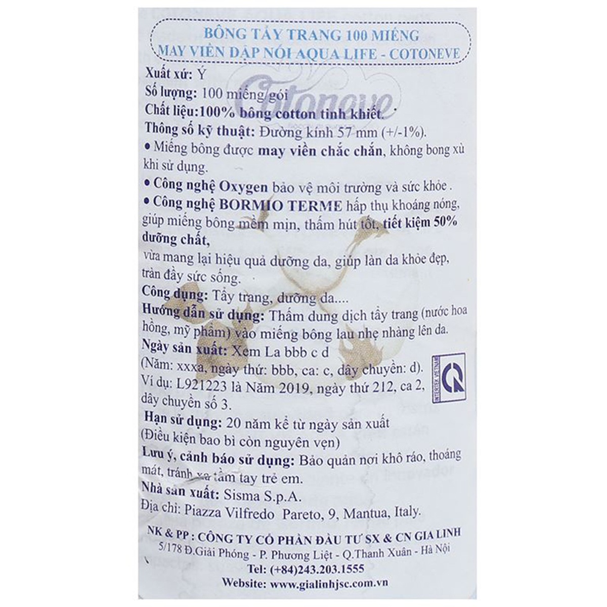 Bông tẩy trang Cotoneve 100pcs CT002 - mặt sau