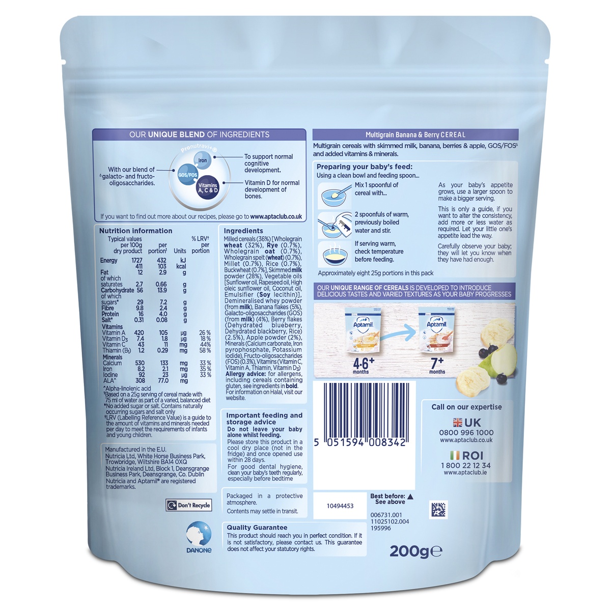 Bột ăn dặm Aptamil ngũ cốc, chuối, quả mọng 200g (7M+) - mặt trái