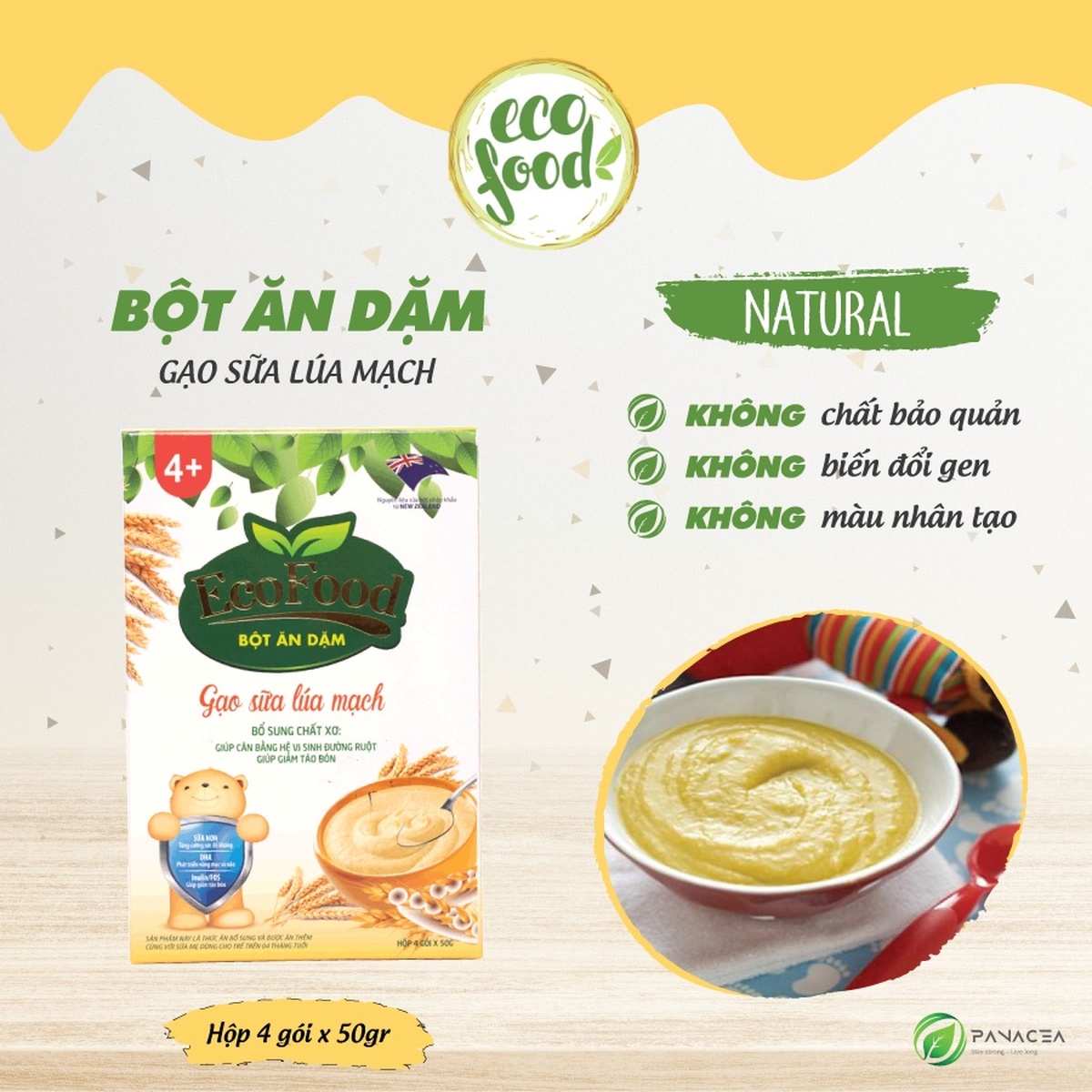 Bột ăn dặm Ecofood vị gạo sữa lúa mạch (4x50g) - mặt trái