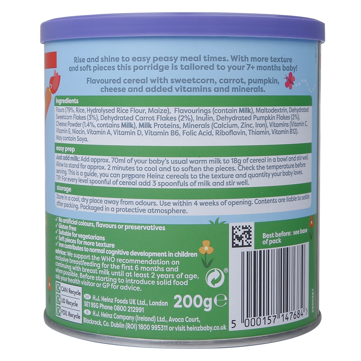 Bột ăn dặm Heinz ngũ cốc carot phô mai 200g cho bé 7M+ - mặt trái