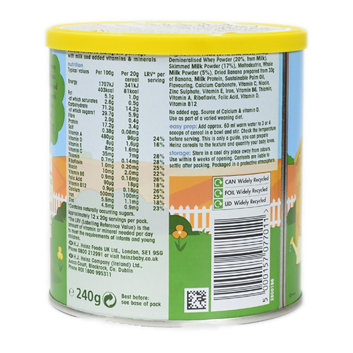 Bột ăn dặm Heinz vị cháo kem Chuối 240g cho bé 6M+ - mặt trái