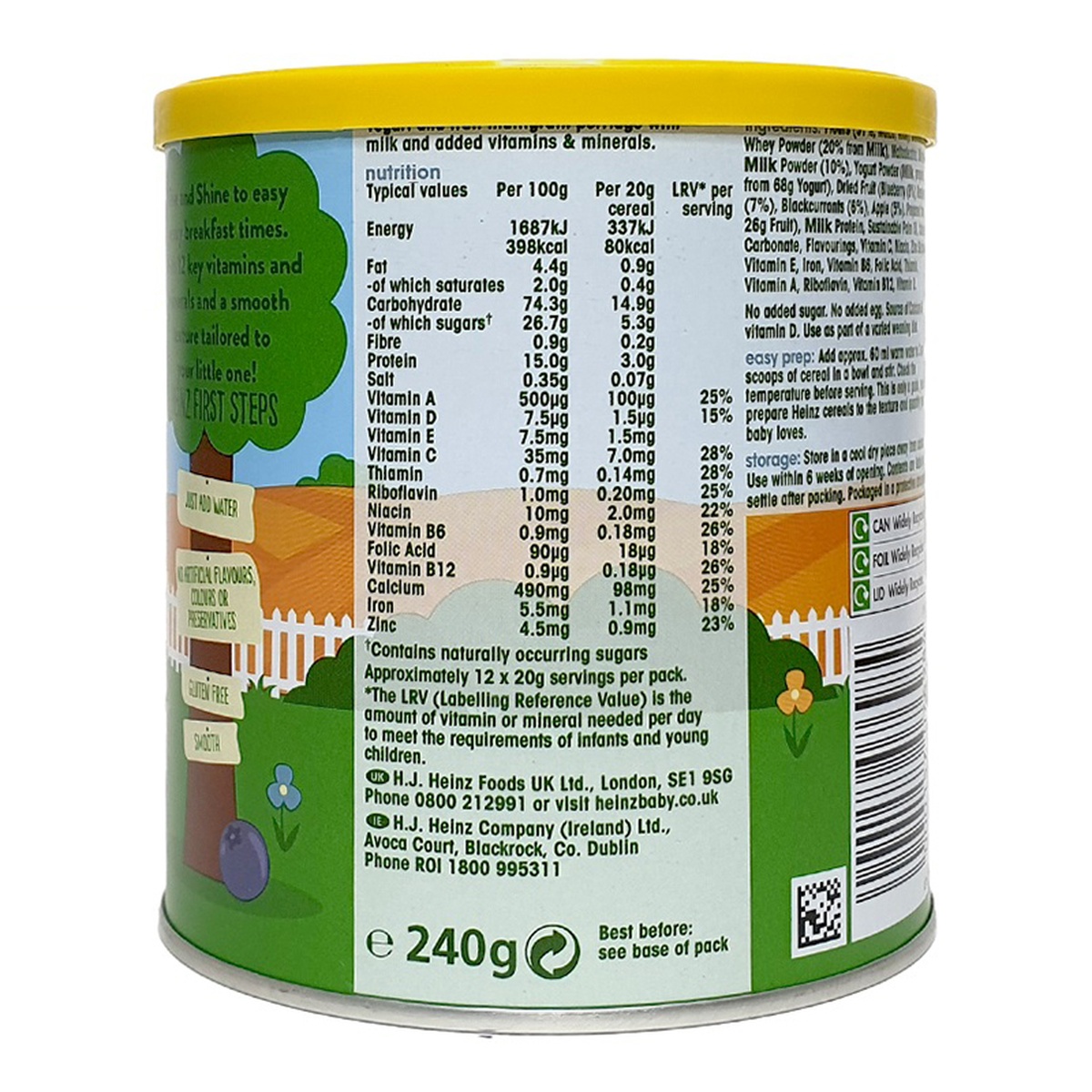 Bột ăn dặm Heinz vị sữa chua trái cây 240g cho bé 6M+ - mặt trái