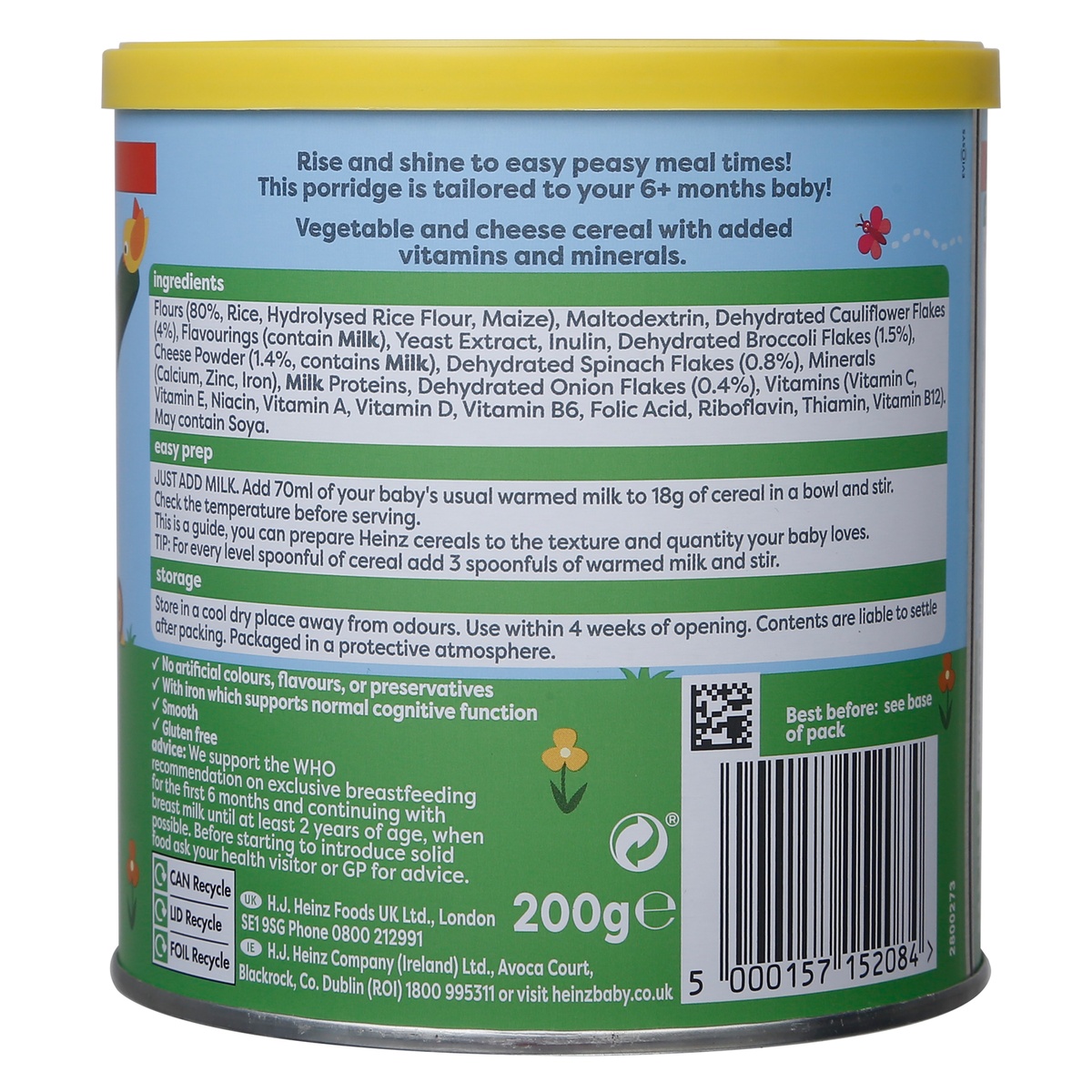 Bột ăn dặm Heinz vị súp lơ bông cải phô mai 200g cho bé 6M+ - mặt trái