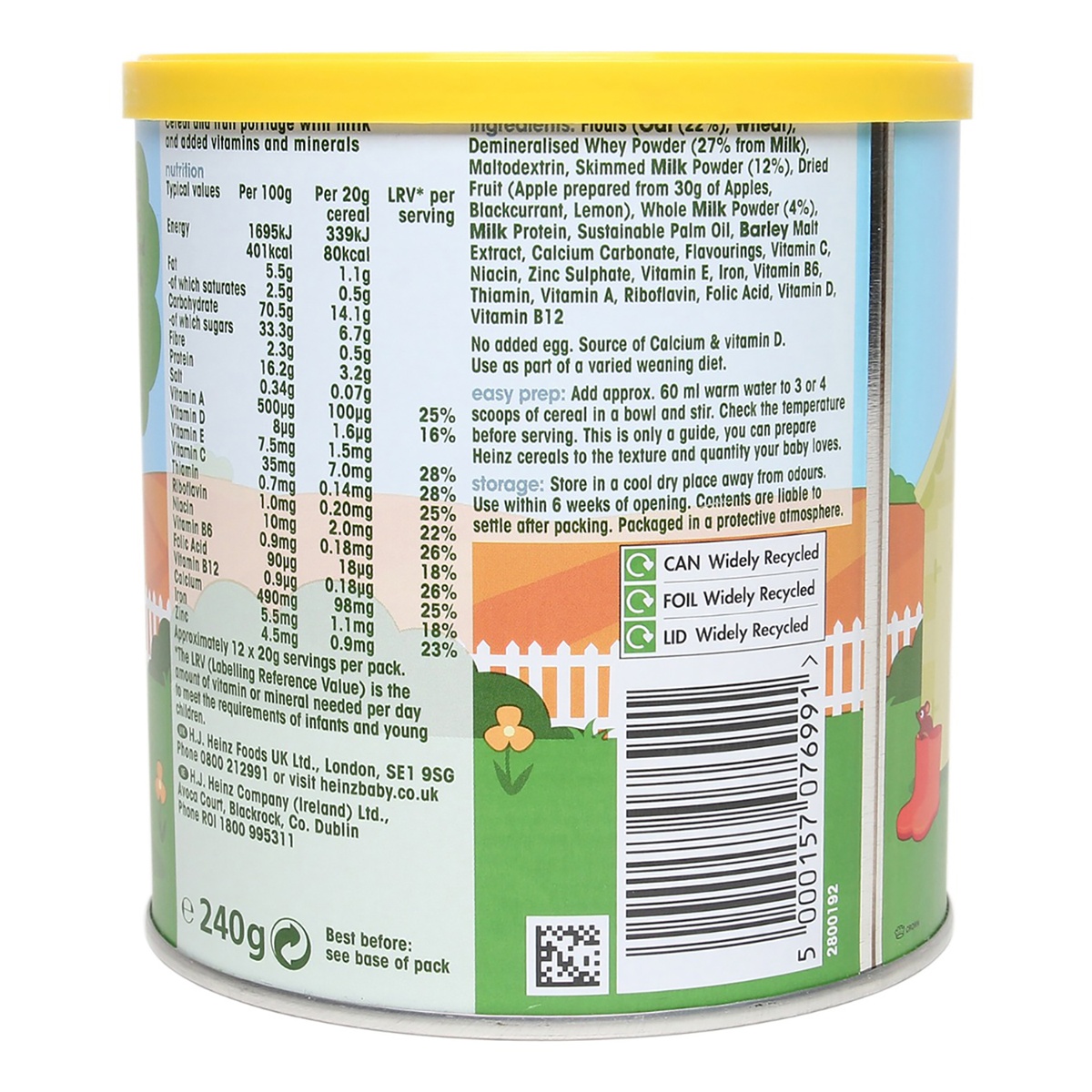 Bột ăn dặm Heinz vị Yến mạch và táo 240g cho bé 6M+ - mặt trái