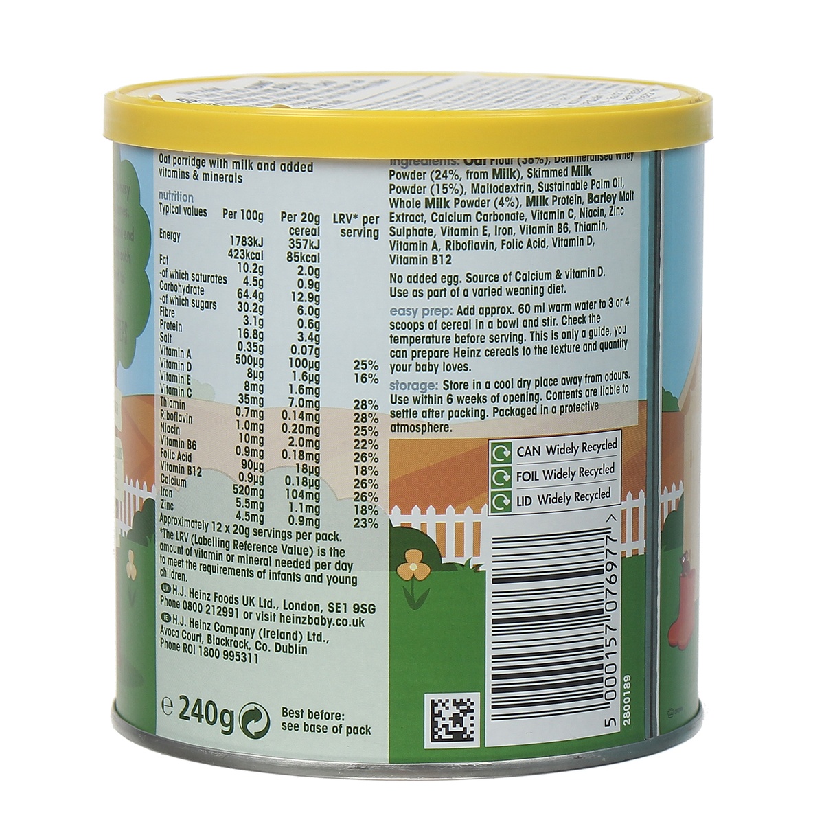 Bột ăn dặm Heinz cháo yến mạch 240g cho bé 6M+ - mặt trái