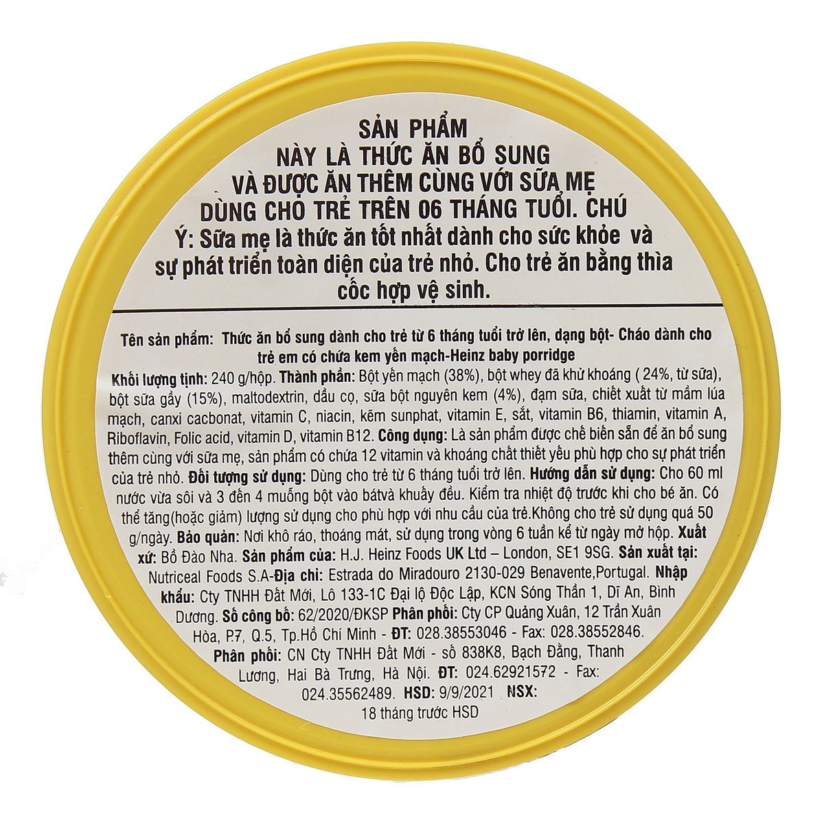 Bột ăn dặm Heinz cháo yến mạch 240g cho bé 6M+ - mặt phải