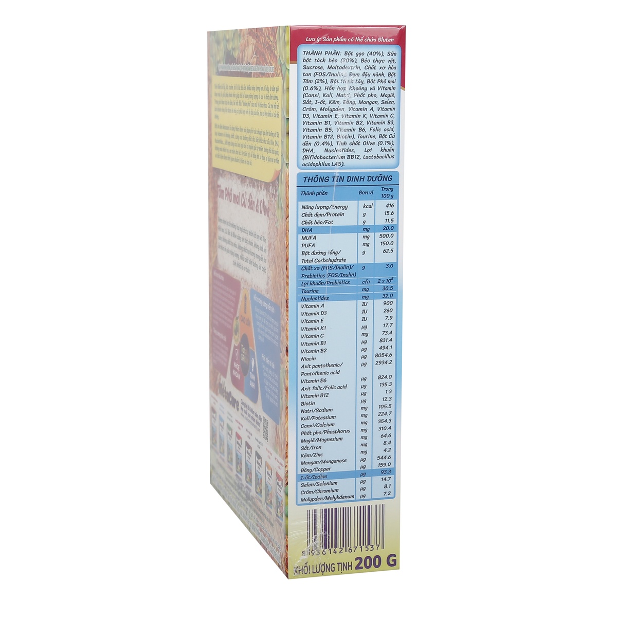 Bột ăn dặm Metacare tôm phô mai củ dền & Olive 200g - mặt sau