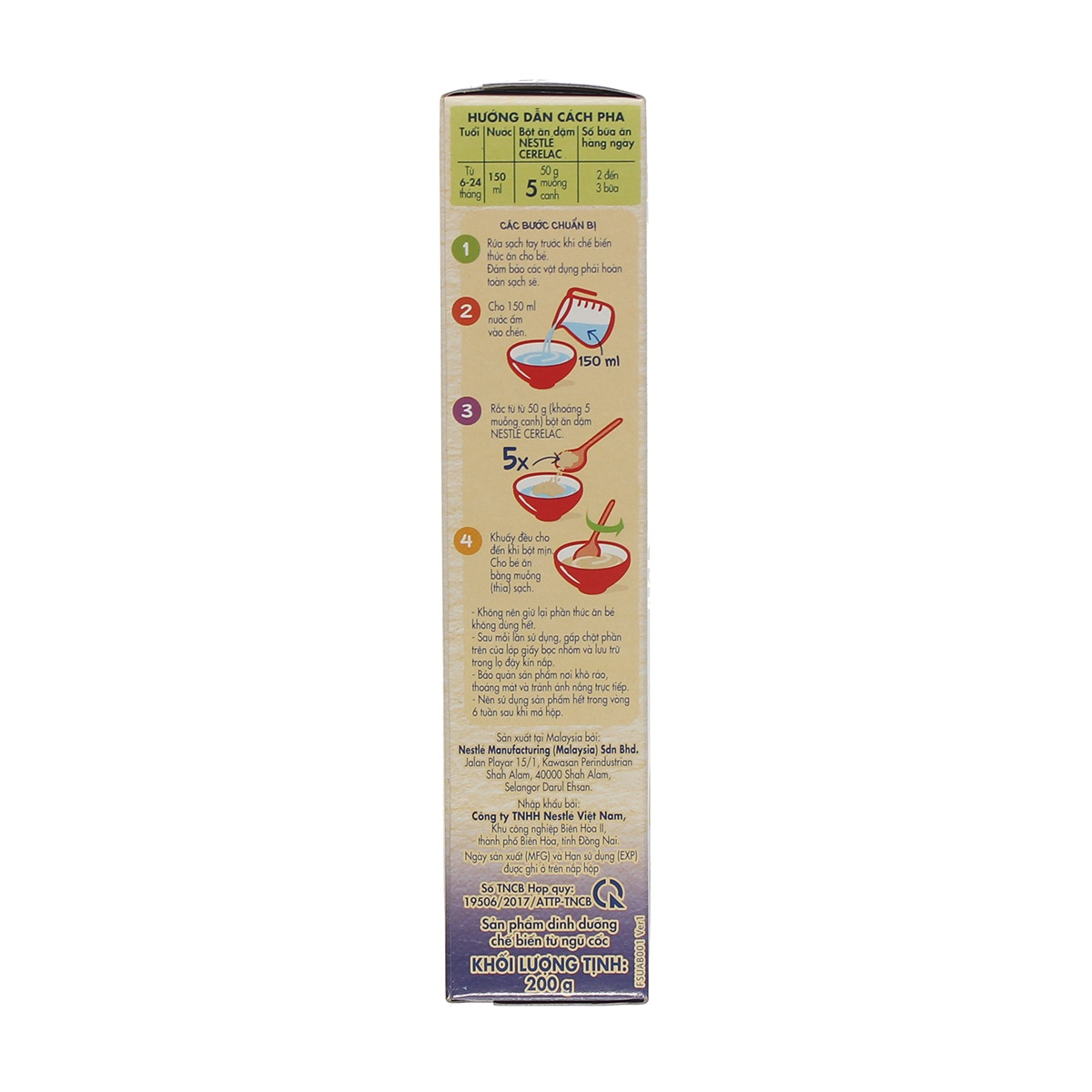 Bột ăn dặm Nestle Cerelac gạo sữa 200g cho bé 6M+  - mặt phải