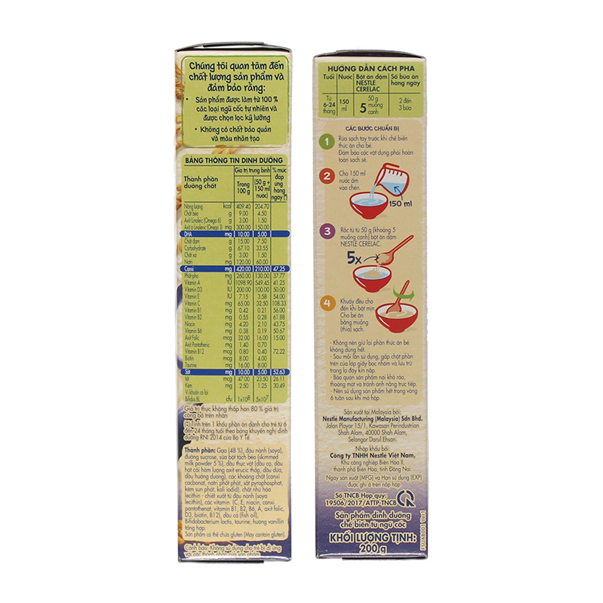 Bột ăn dặm Nestle Cerelac gạo sữa 200g cho bé 6M+  - mặt sau