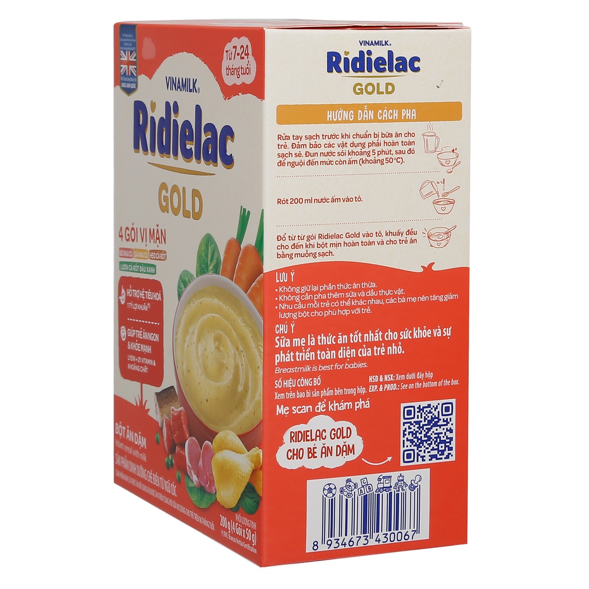 Bột ăn dặm Ridielac Gold 4 gói vị mặn 200g cho bé 7M-24M - góc nghiêng