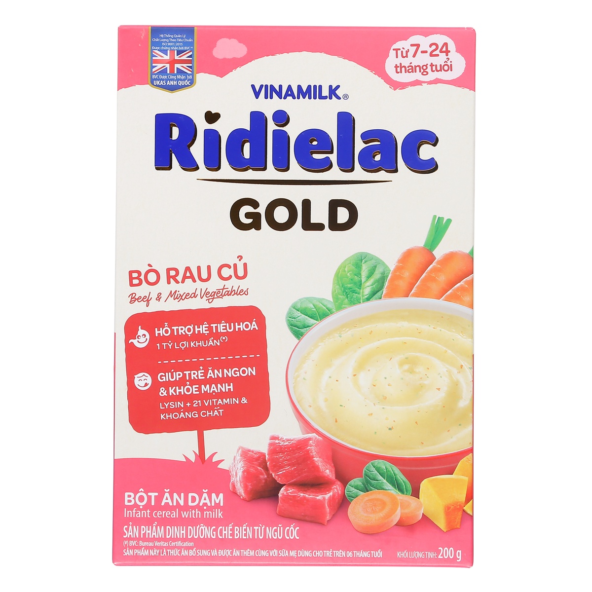 Bột ăn dặm Ridielac Gold bò rau củ 200g cho bé 7M-24M - mặt trái