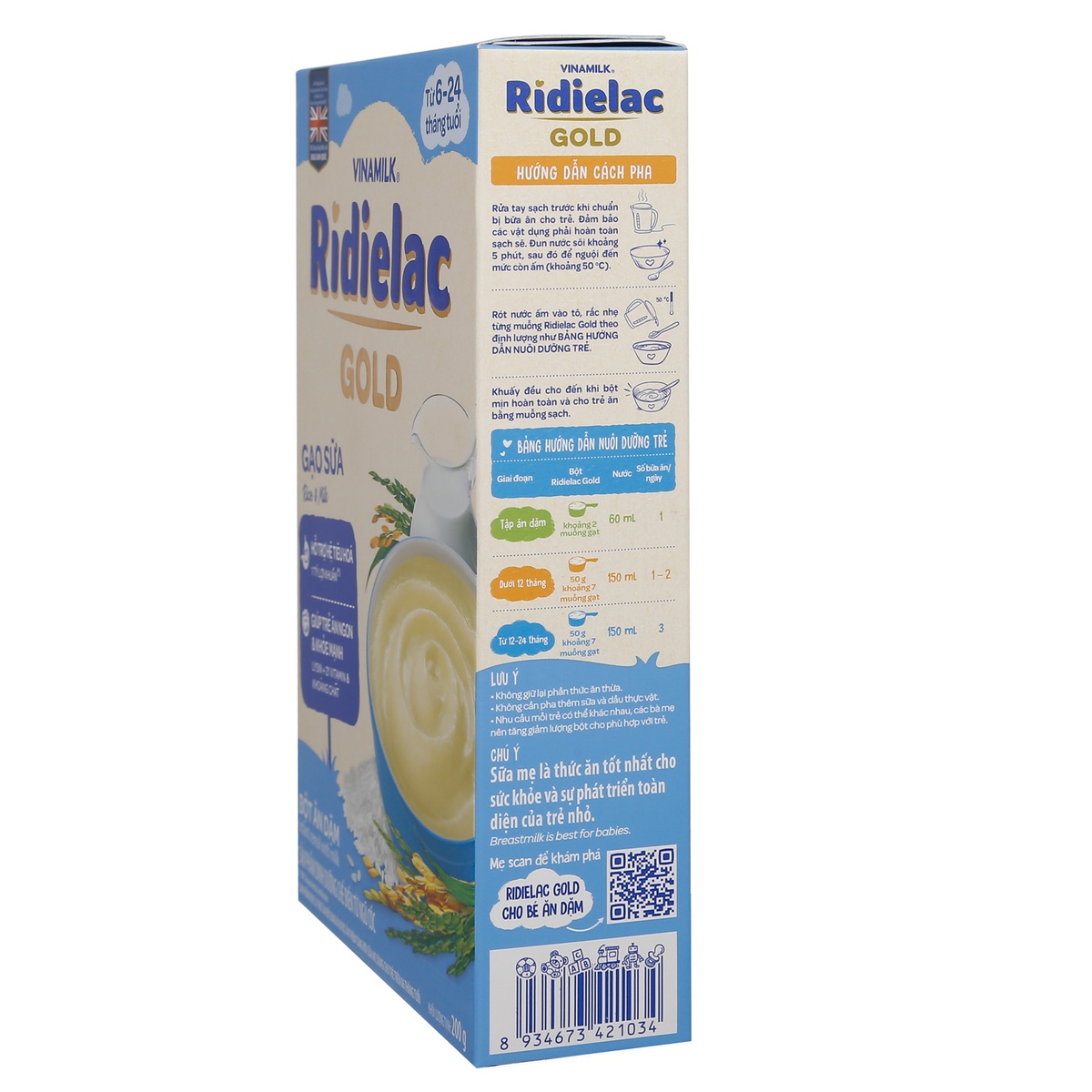 Bột ăn dặm Ridielac Gold gạo sữa 200g cho bé 6M-24M - mặt sau