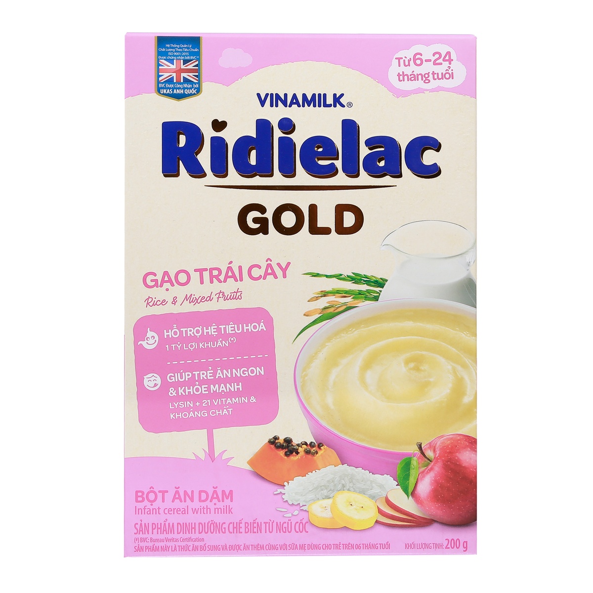 Bột ăn dặm Ridielac Gold gạo trái cây 200g cho bé 6M-24M - mặt sau