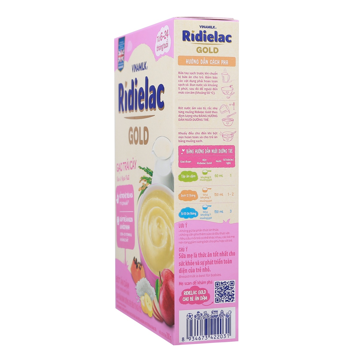 Bột ăn dặm Ridielac Gold gạo trái cây 200g cho bé 6M-24M - góc nghiêng