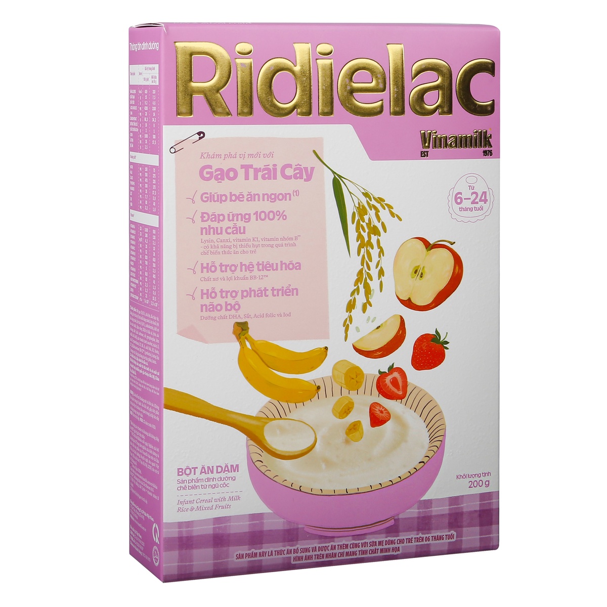 Bột ăn dặm Ridielac Gold gạo trái cây 200g cho bé 6M-24M - mặt trái