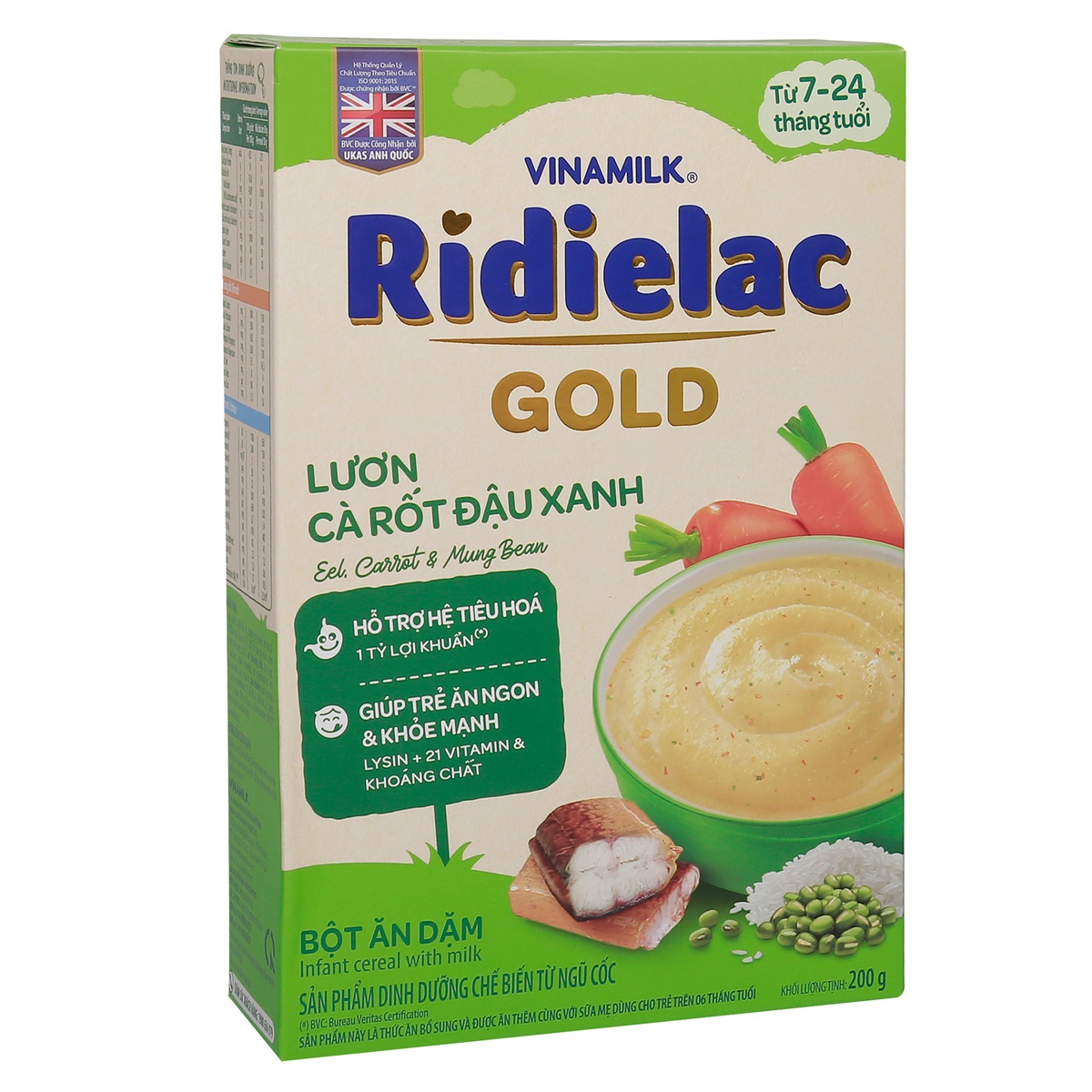 Bột ăn dặm Ridielac Gold lươn cà rốt đậu xanh 200g cho bé 7M-24M - mặt trái